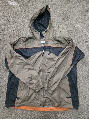 Columbia Taupe and Black Hooded Windbreaker with Orange Trim